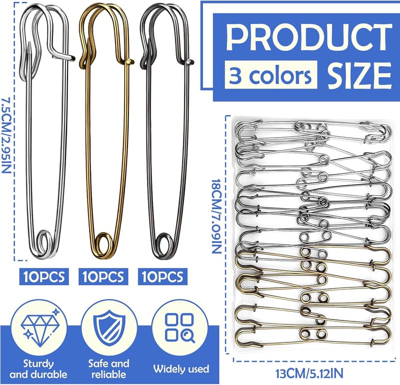 Ftyiwu Large Safety Pins, 30 Pack Heavy Duty Safety Pins 3 Inch, Stainless Steel Safety Pin for Clothes, Blankets, Laundry, Leather Canvas, DIY Crafts (Gun Black, Silver, Bronze) - Image 2